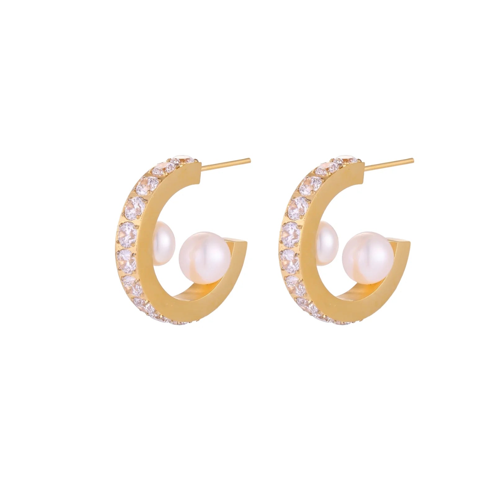 Gold pavé hoop earrings with two freshwater pearls nestled inside the curved design, featuring crystal-studded outer edge.